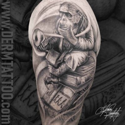 A detailed black and gray tattoo of a soldier on a clock face.