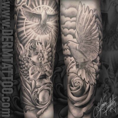 Black and grey tattoo sleeve with an eagle and roses.