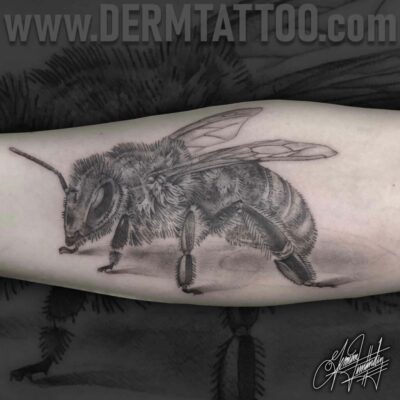 Realistic black and gray bee tattoo on forearm.