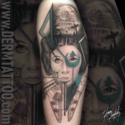 A detailed black and gray tattoo of a woman's face with geometric elements.