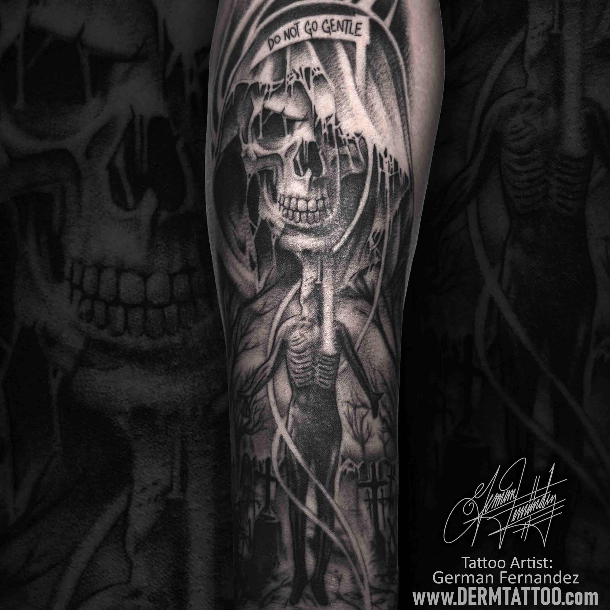 Black and grey tattoo of a skull wearing a helmet with intricate shading.