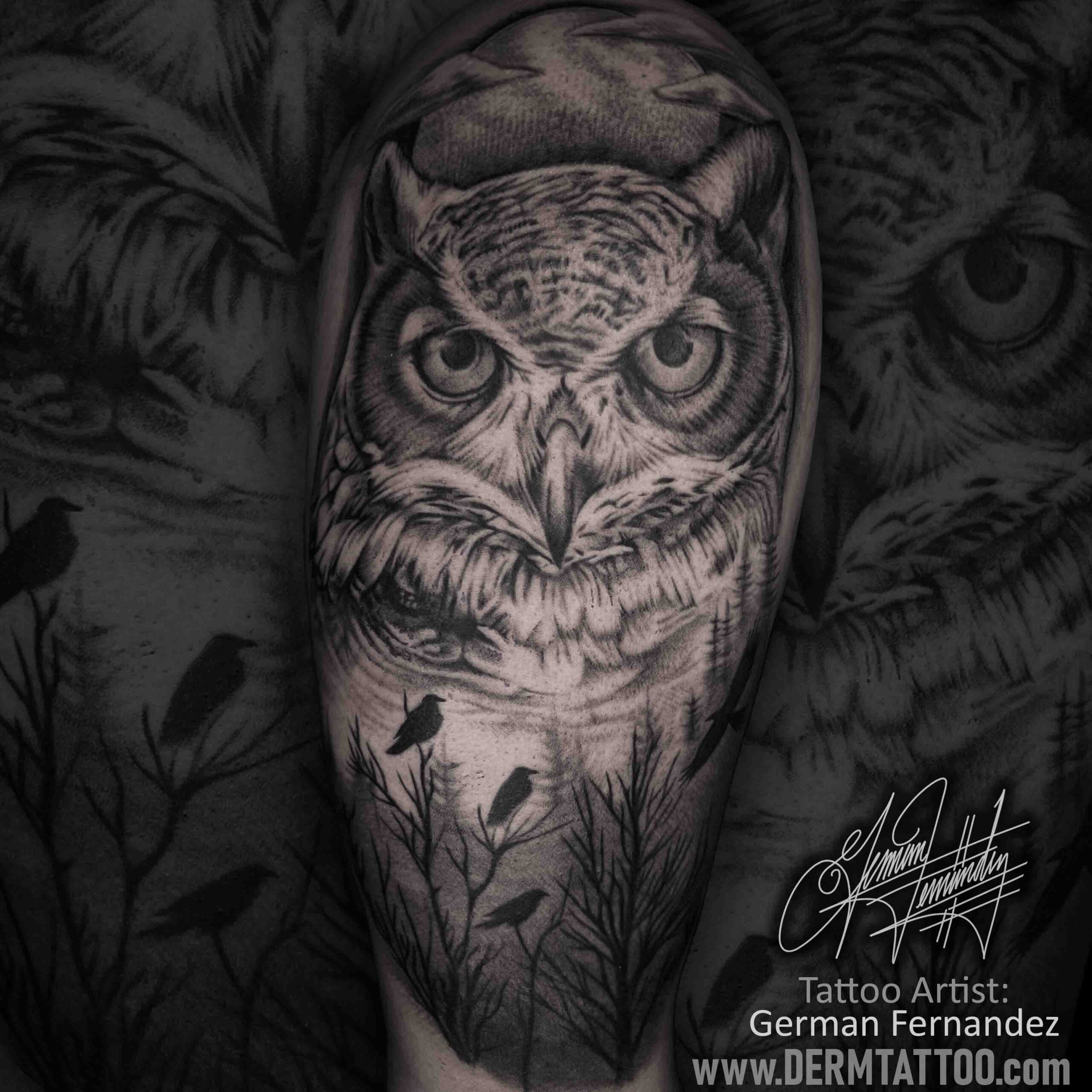 Realistic black and gray owl tattoo on forearm.