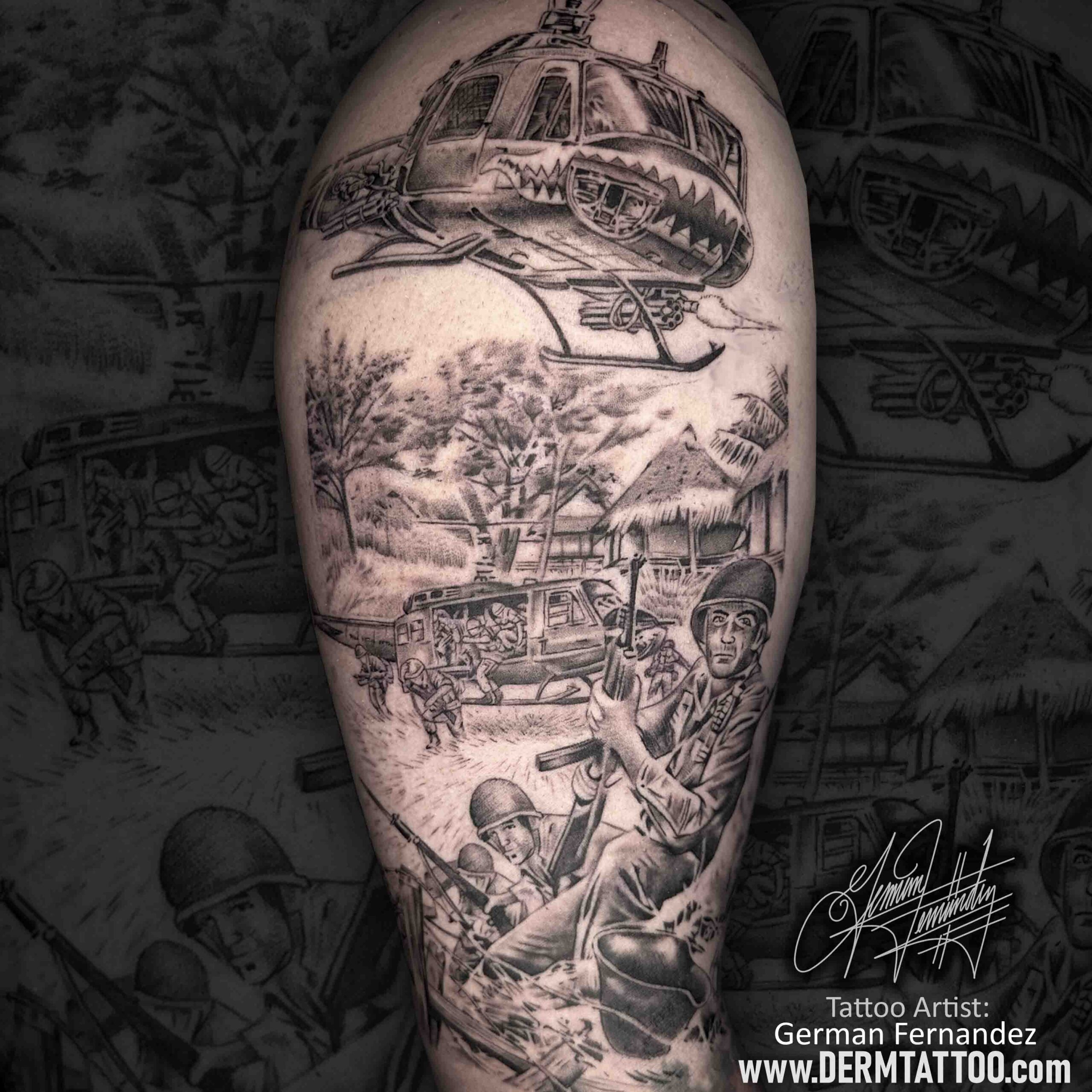 Black and white detailed tattoo of a pirate ship and sailors on an arm.