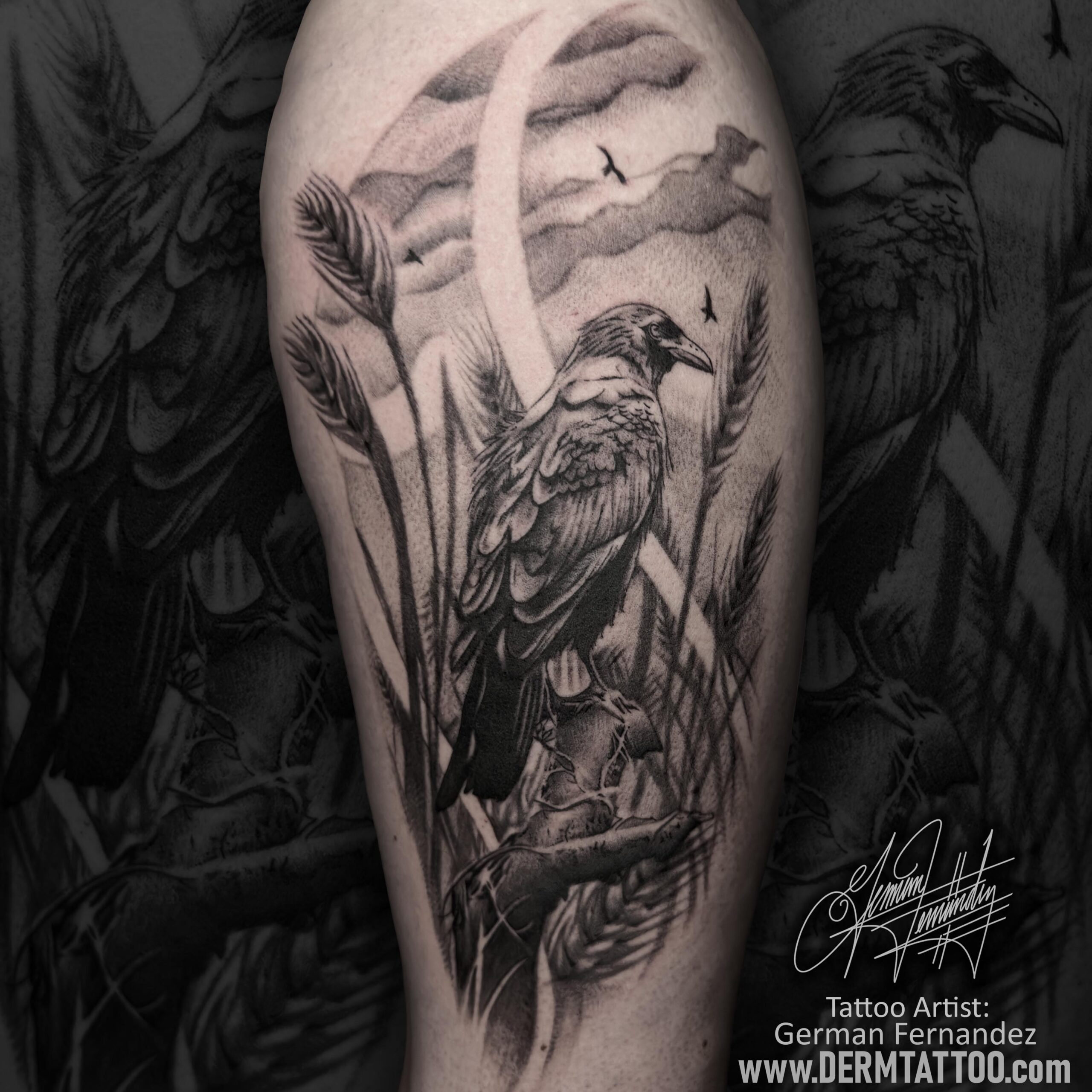 A detailed black and gray tattoo of a samurai warrior in a dynamic pose.