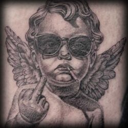 Thumbnail122 Fine Line Realism Black And Grey Tattoo Artist German Fernandez from DERM TATTOO STUDIO Castle Rock Colorado Baby Angel giving the Bird