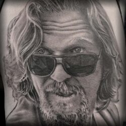 The Big Lebowski tattoo portrait Fine Line Realism Black And Grey Tattoo Artist German Fernandez from DERM TATTOO STUDIO Castle Rock Colorado